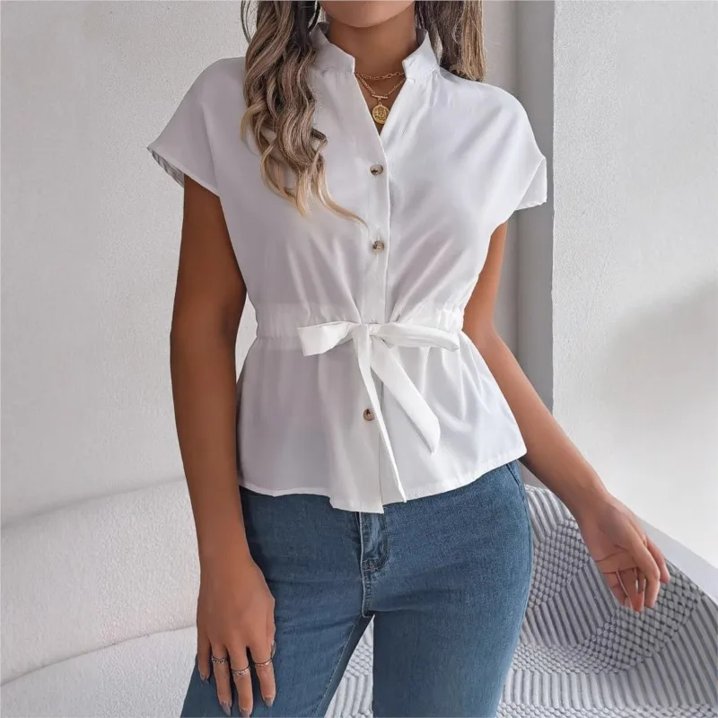 Summer Short Sleeve Drawstring Elegant Shirt Women Casual V-Neck Solid Tie Waist Button Up Female Street Shirt Blusas Para Mujer
Summer Short Sleeve Drawstring Elegant Shirt Women Casual V-Neck Solid Tie Waist Button Up Female Street Shirt Blusas Para Mujer