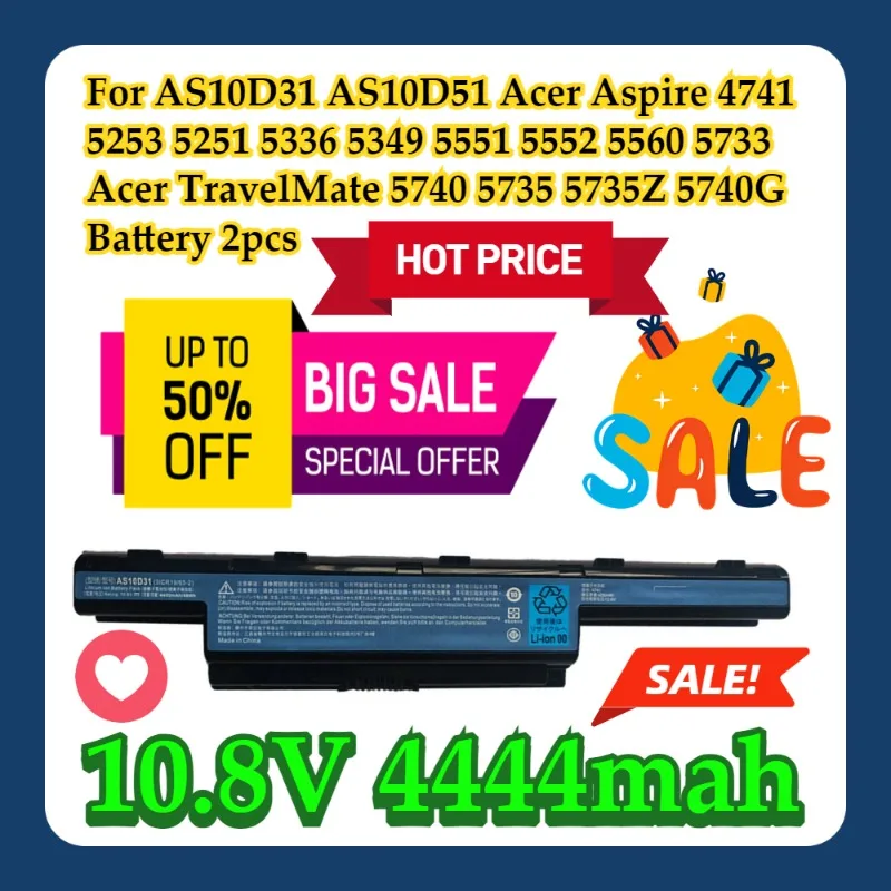 For AS10D31 AS10D51 Acer Aspire 4741 5253 5251 5336 5349 5551 5552 5560 5733 Acer TravelMate 5740 5735 5735Z 5740G Battery 2pcs
For AS10D31 AS10D51 Acer Aspire 4741 5253 5251 5336 5349 5551 5552 5560 5733 Acer TravelMate 5740 5735 5735Z 5740G Battery 2pcs