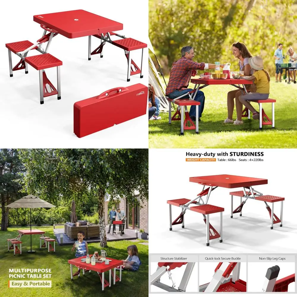 Portable Folding Picnic Table with 4 Seats, Umbrella Hole, and 220 lbs Capacity for Camping, Travel, and Outdoor Activities
Portable Folding Picnic Table with 4 Seats, Umbrella Hole, and 220 lbs Capacity for Camping, Travel, and Outdoor Activities