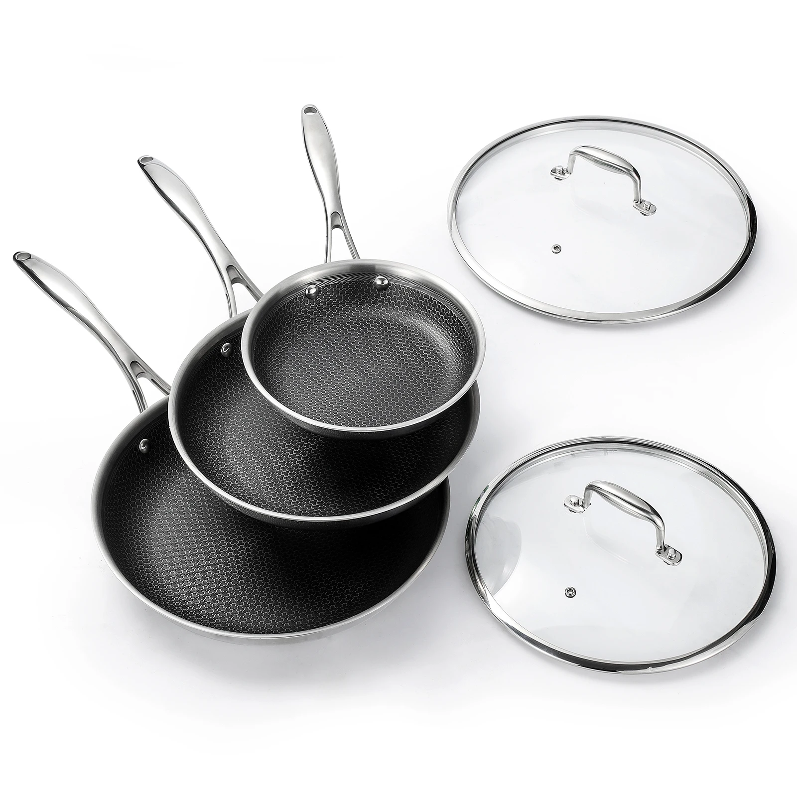 5 Pcs Hybrid Nonstick Fry Pan Set 8, 10 and 12-Inch Frying Pan Cookware Set with Glass Lids, Skillet with Stay-Cool Handles
5 Pcs Hybrid Nonstick Fry Pan Set 8, 10 and 12-Inch Frying Pan Cookware Set with Glass Lids, Skillet with Stay-Cool Handles