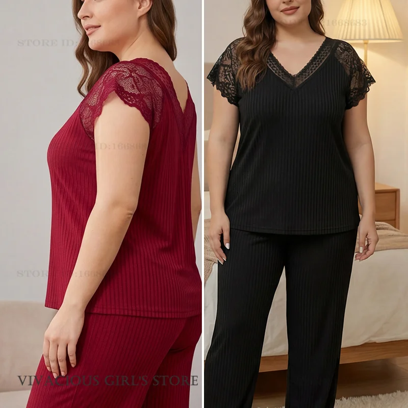 Plus Size Womens 2PCS Pajamas Set Loungewear Summer New Knit Short Sleeve Trouser Pijamas Suit Sexy Lace Homewear Loungewear
Plus Size Womens 2PCS Pajamas Set Loungewear Summer New Knit Short Sleeve Trouser Pijamas Suit Sexy Lace Homewear Loungewear