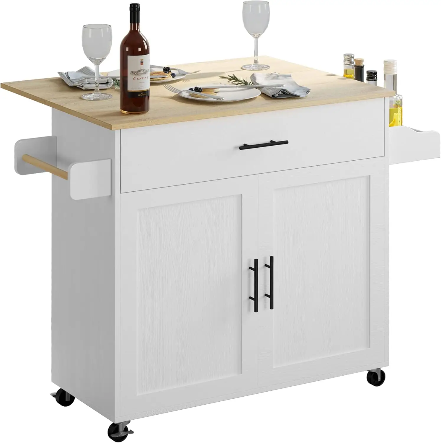 Island Table on Wheels with Drop Leaf, Storage Cabinet, Drawer, Spice/Towel Rack, Kitchen Cart, 47.25" Wide White
Island Table on Wheels with Drop Leaf, Storage Cabinet, Drawer, Spice/Towel Rack, Kitchen Cart, 47.25" Wide White