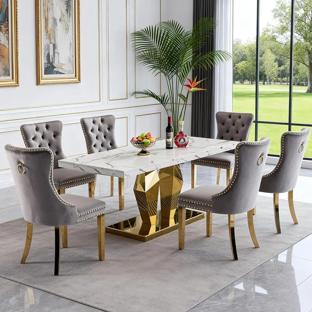 6-Seat 70 Marble Dining Set with Grey Velvet Chairs and Gold Stainless Steel Base
6-Seat 70 Marble Dining Set with Grey Velvet Chairs and Gold Stainless Steel Base