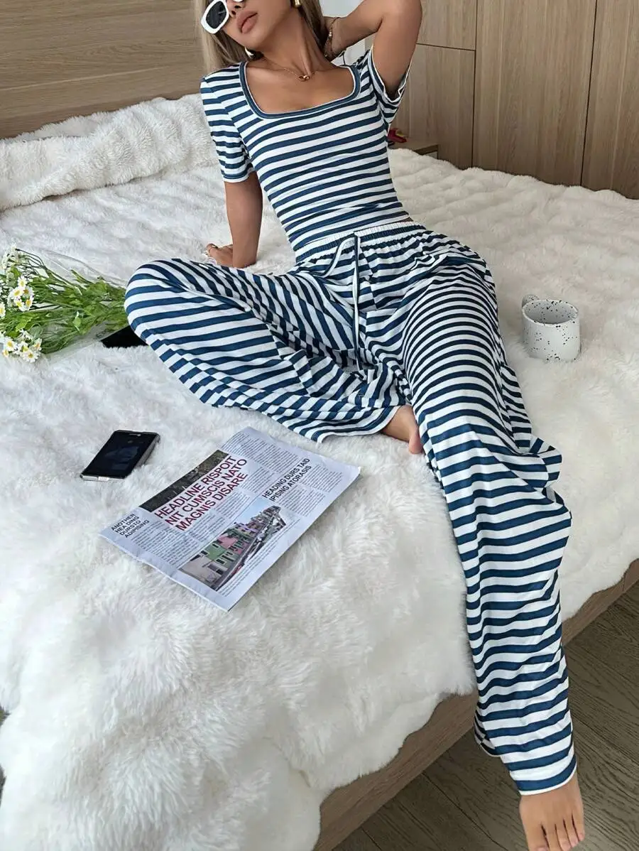 Women Casual Striped Short Sleeve Pajama Set With Square Collar And Full Length Pants
Women Casual Striped Short Sleeve Pajama Set With Square Collar And Full Length Pants