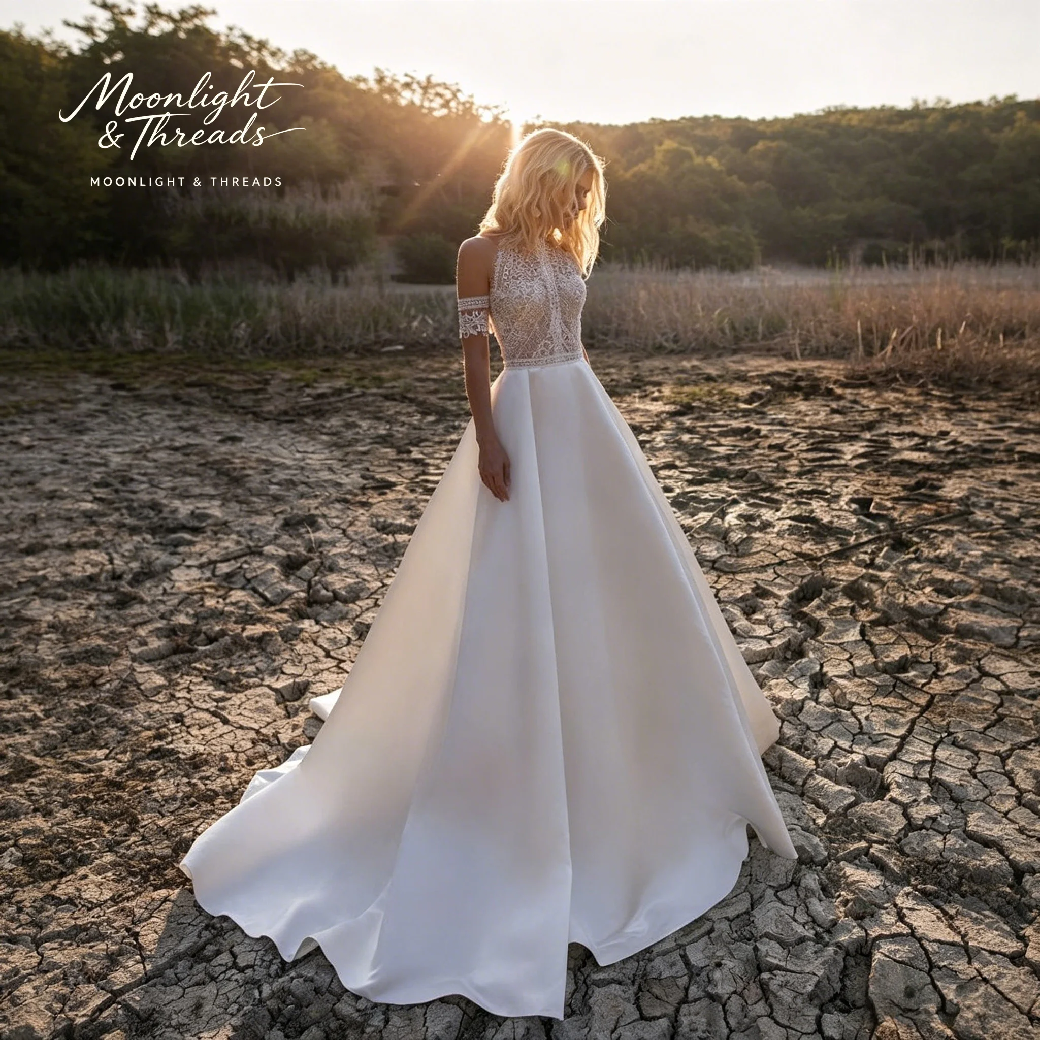 Ivory satin A-line formal wedding gown featuring an off-the-shoulder round neckline floor-length skirt and lace open back
Ivory satin A-line formal wedding gown featuring an off-the-shoulder round neckline floor-length skirt and lace open back
