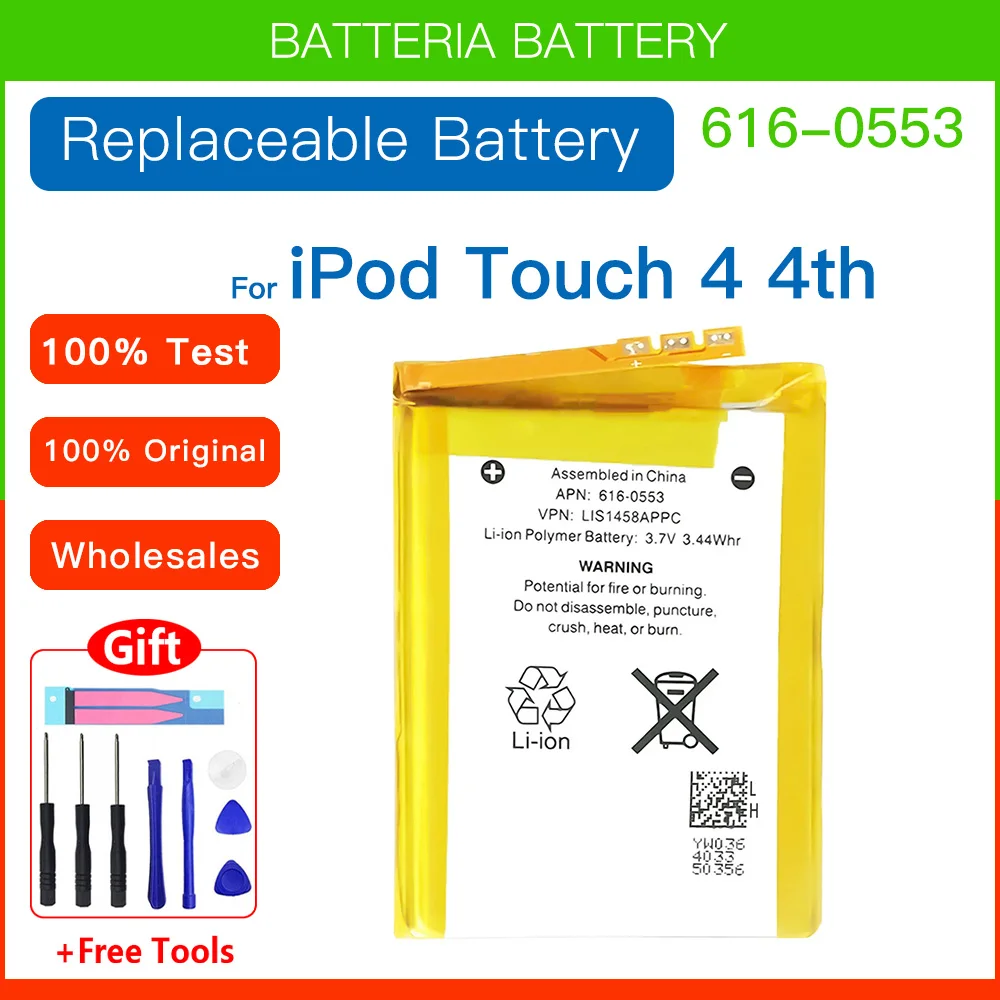 Original Replacement Battery 616-0553 LIS1458APPC 3.7V 3.44WHR Polymer Battery For iPod TOUCH 4 4th Batteries+FREE Tools
Original Replacement Battery 616-0553 LIS1458APPC 3.7V 3.44WHR Polymer Battery For iPod TOUCH 4 4th Batteries+FREE Tools
