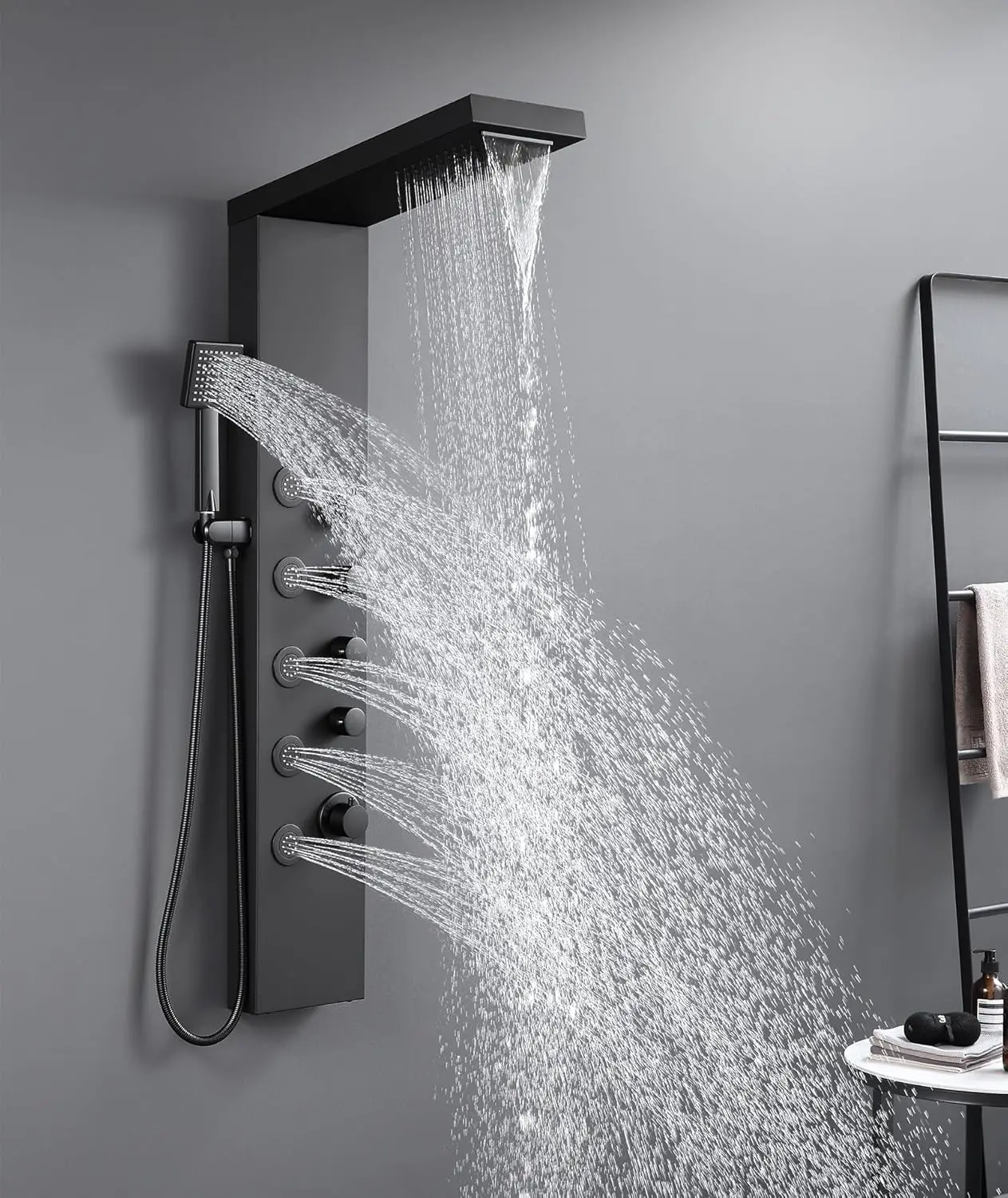 Shower Panel Tower System with Rainfall Waterfall Shower Head Elegant Matte Black 4 in 1 Shower Tower with Jets and Handheld
Shower Panel Tower System with Rainfall Waterfall Shower Head Elegant Matte Black 4 in 1 Shower Tower with Jets and Handheld