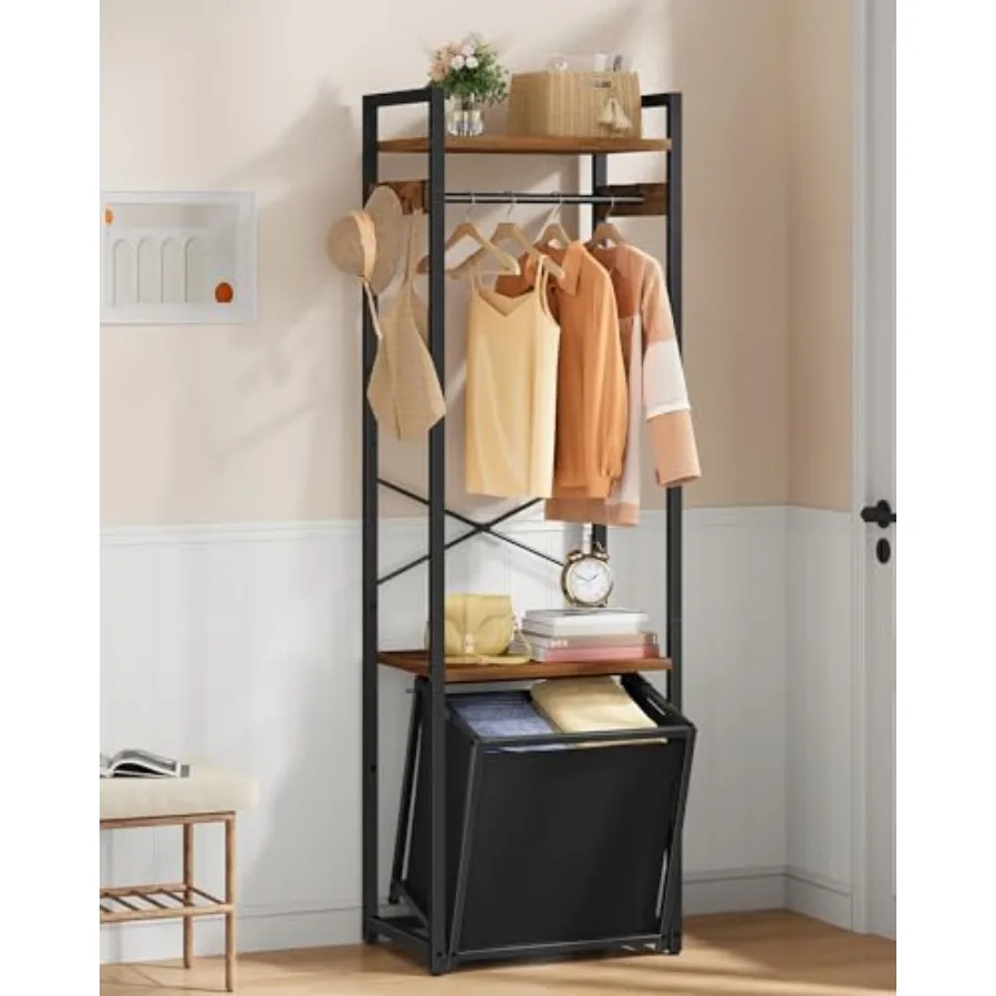 Coat Rack with 35L Tilt Out Basket, Clothes Garment Rack with Dual Shelves and Side Hooks, X-Shaped Sturdy Structure Freestandi
Coat Rack with 35L Tilt Out Basket, Clothes Garment Rack with Dual Shelves and Side Hooks, X-Shaped Sturdy Structure Freestandi