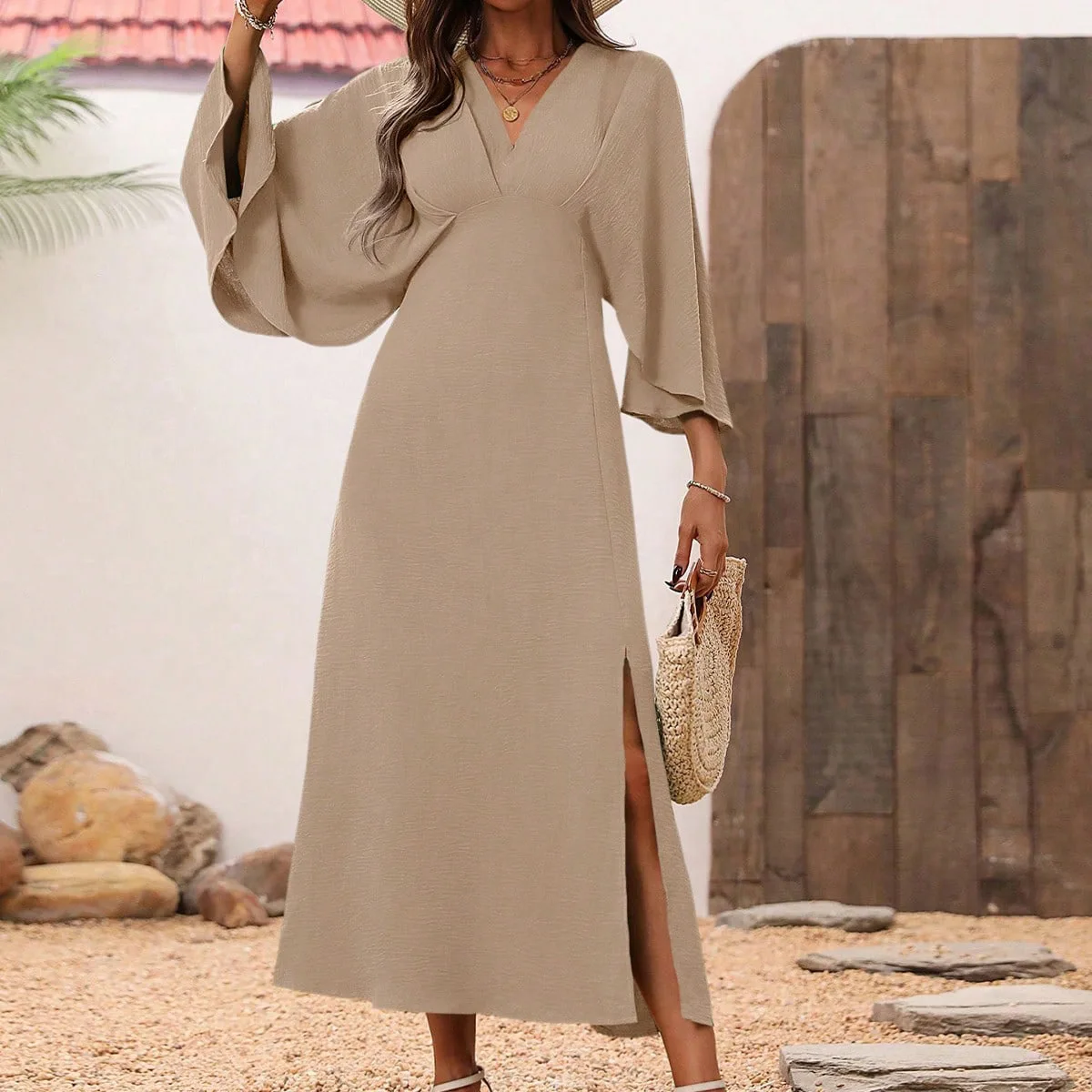 Summer Women Long Dress Solid Color Slit V Neck Mid Sleeve Loose Fit New Fashion
Summer Women Long Dress Solid Color Slit V Neck Mid Sleeve Loose Fit New Fashion