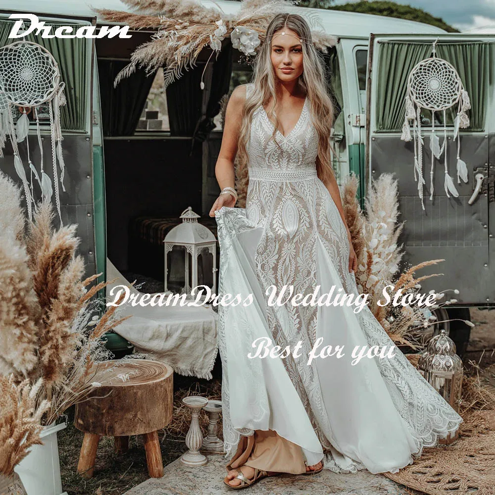 DREAM Lace Chiffon Sleeveless A Line Boho Wedding Dress V Neck Backless Sweep Train Beach Bridal Gown Boheimian Custom Made 2024
DREAM Lace Chiffon Sleeveless A Line Boho Wedding Dress V Neck Backless Sweep Train Beach Bridal Gown Boheimian Custom Made 2024
