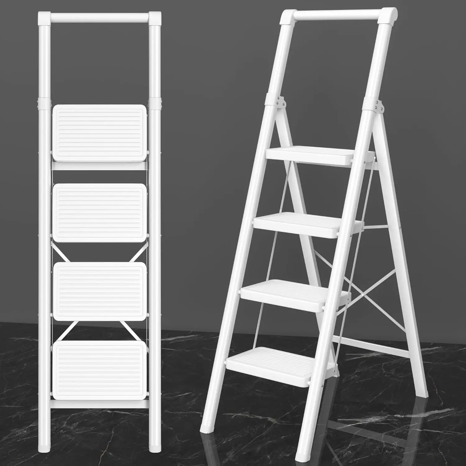4 Step Folding Ladder with Anti-Slip Pedal and Handgrip, Sturdy Steel Construction for Home Use in White
4 Step Folding Ladder with Anti-Slip Pedal and Handgrip, Sturdy Steel Construction for Home Use in White