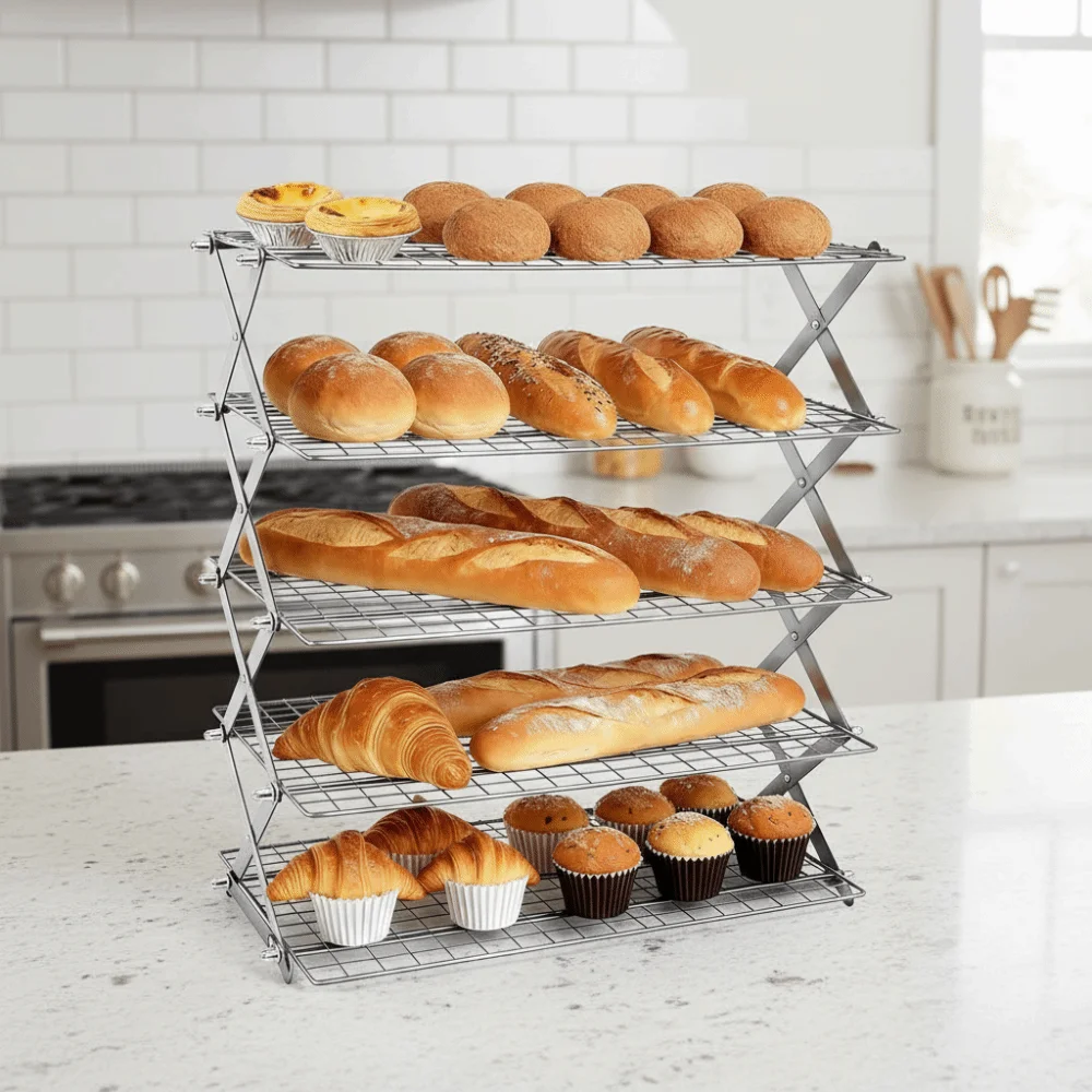 4/5 Tier Collapsible Baking Cooling Rack Adjustable Height Space-Saving Baking Storage Rack Rectangular High Load-bearing
4/5 Tier Collapsible Baking Cooling Rack Adjustable Height Space-Saving Baking Storage Rack Rectangular High Load-bearing
