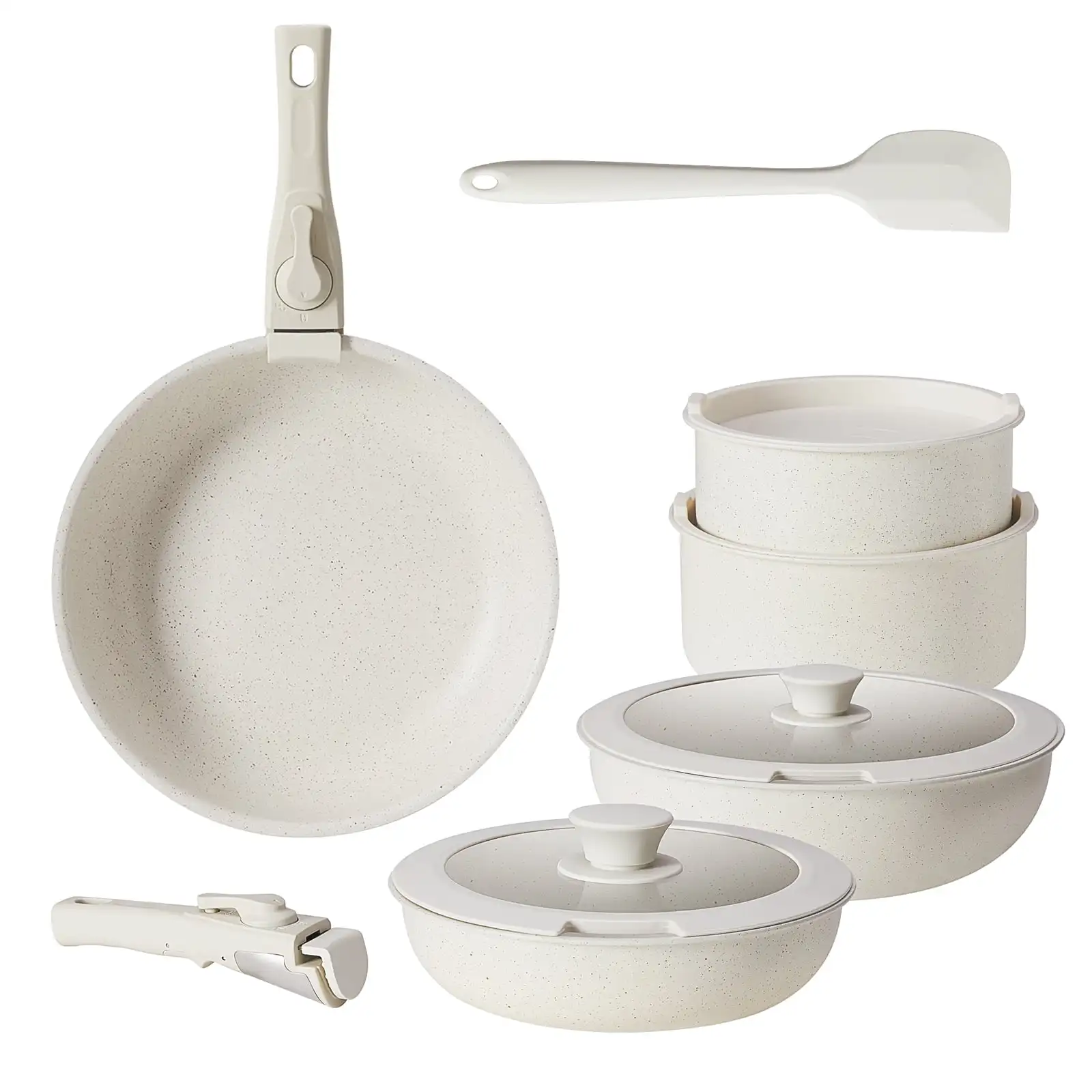 12pcs Non-Stick Cookware Set, Pots and Pans Set with Spatula and Detachable Handle for Kitchen, Beige
12pcs Non-Stick Cookware Set, Pots and Pans Set with Spatula and Detachable Handle for Kitchen, Beige