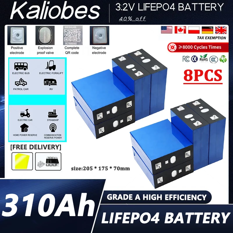 8 шт. 3,2 В 310 Ач lifepo4 аккумулятор DIY 12 В 24 В 310 Ач аккумуляторы класса А для электромобиля RV Солнечная система хранения энергии Tax Free
8 шт. 3,2 В 310 Ач lifepo4 аккумулятор DIY 12 В 24 В 310 Ач аккумуляторы класса А для электромобиля RV Солнечная система хранения энергии Tax Free