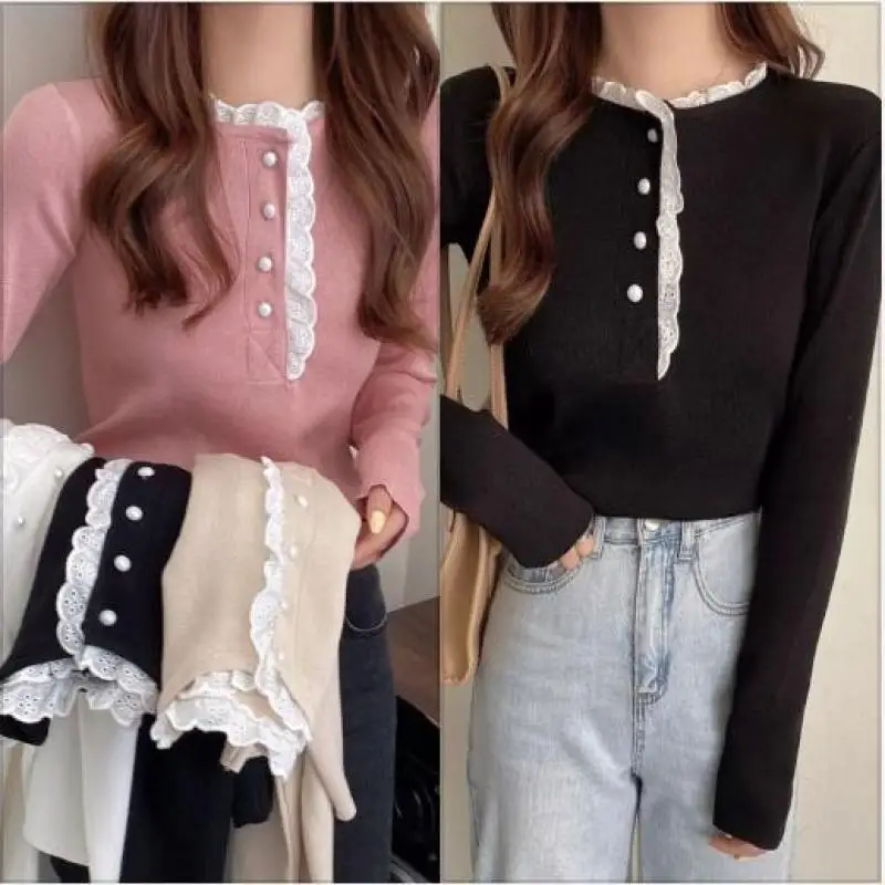 Korean Knitted Sweater Women Patchwork Lace High Neck Long Sleeve Bottoming Top
Korean Knitted Sweater Women Patchwork Lace High Neck Long Sleeve Bottoming Top