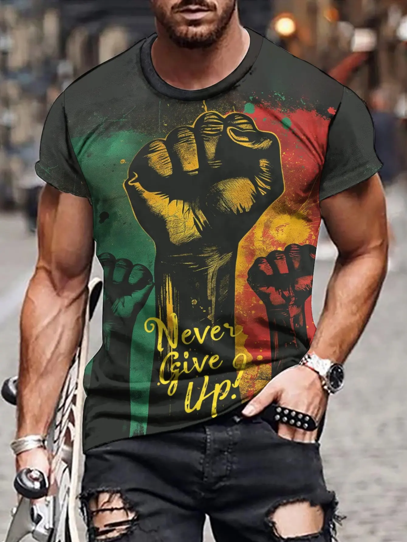 Men's Retro Style Fist and Color Block Pattern and "NEVER GIVE UP" Letter Crew Neck and Short Sleeve T-shirt Stylish and Trendy
Men's Retro Style Fist and Color Block Pattern and "NEVER GIVE UP" Letter Crew Neck and Short Sleeve T-shirt Stylish and Trendy