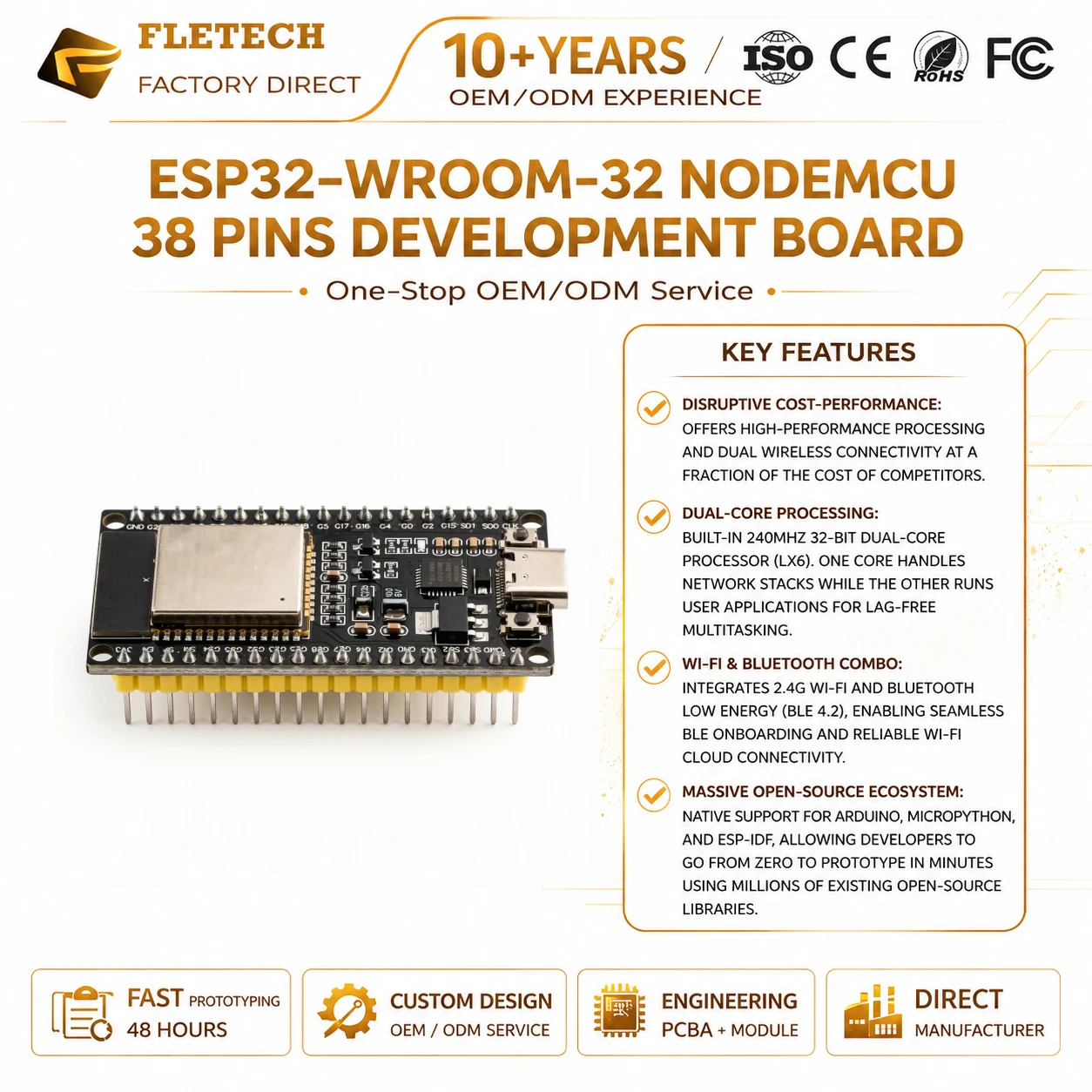 ESP32-D0WDQ6 38 Pins Development Board Type-C 2.4GHz WiFi+Bluetooth Dual Core NodeMCU Module Compatible with Arduino MicroPython
ESP32-D0WDQ6 38 Pins Development Board Type-C 2.4GHz WiFi+Bluetooth Dual Core NodeMCU Module Compatible with Arduino MicroPython