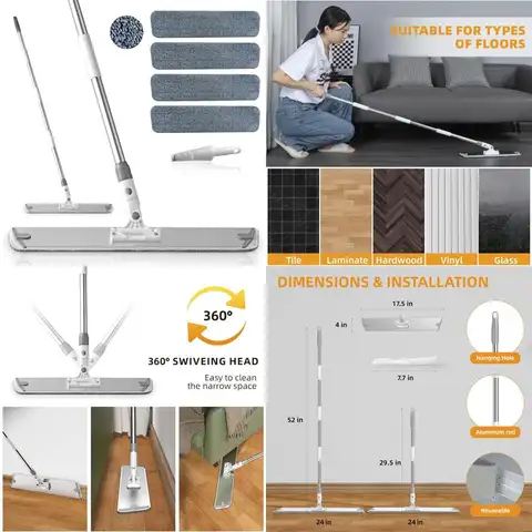 Extra-Wide Aluminum Base Microfiber Mop for Floor Cleaning, 23.6 Inch Wide with Adjustable Handle, 360° Swivel for Dry and Wet M