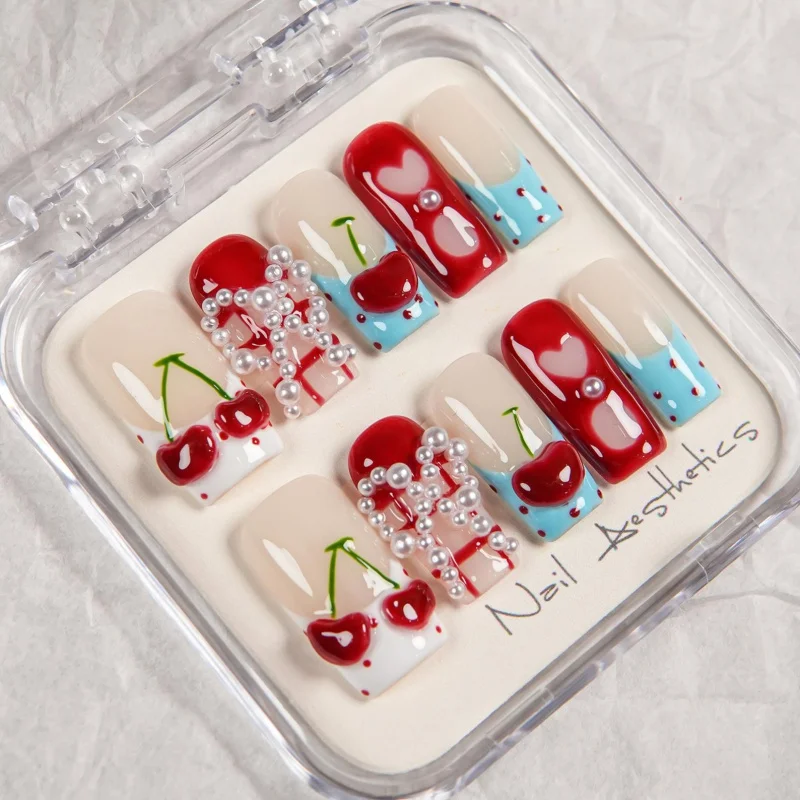 Handmade Square Press On Nails Cute 3D Cherry Heart Pearl French Fake Nails Blue Red Polka Dot Sweet Summer Reusable False Nail
Handmade Square Press On Nails Cute 3D Cherry Heart Pearl French Fake Nails Blue Red Polka Dot Sweet Summer Reusable False Nail