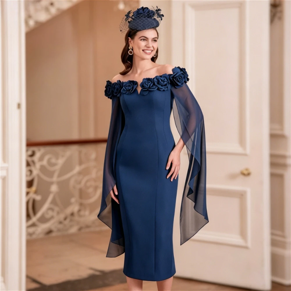 Customized Navy Off Shoulder Mother of Bride Dress 3D Rose Chiffon Cape Sleeve Crepe Sheath Midi Dress Formal Gown for Wedding
Customized Navy Off Shoulder Mother of Bride Dress 3D Rose Chiffon Cape Sleeve Crepe Sheath Midi Dress Formal Gown for Wedding