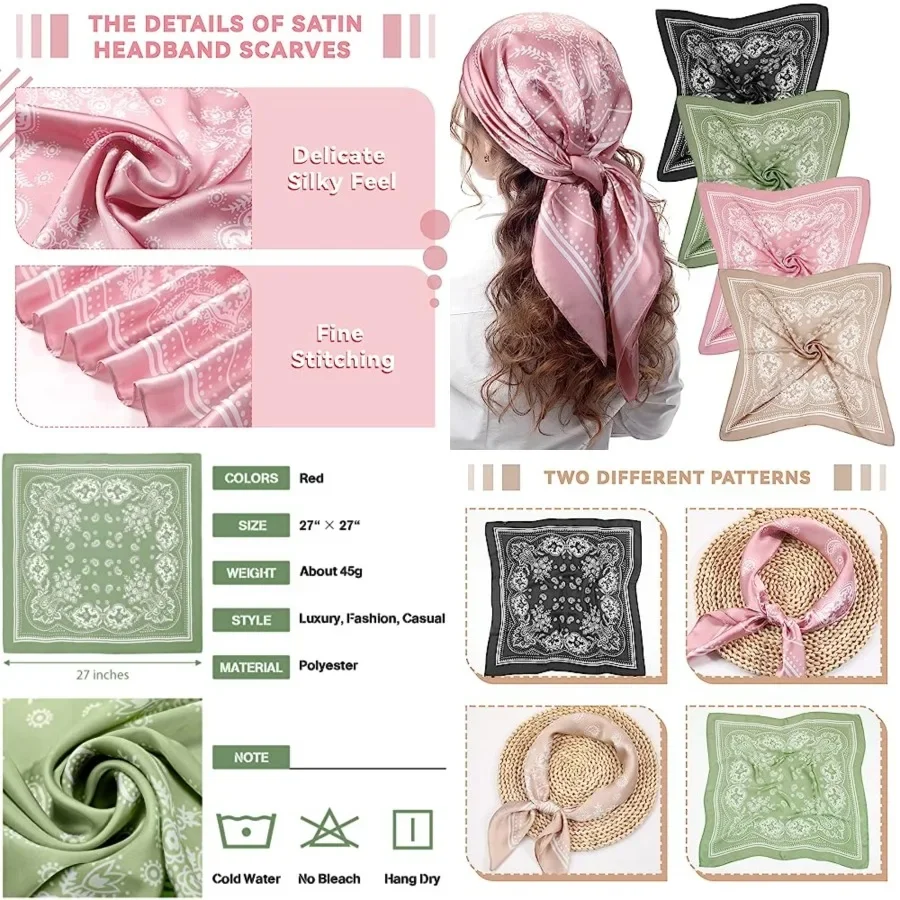 4 Pcs 27'' Square Silk Bandana Satin Head Scarves for Women Silk Like Neck Scarf Durag Hair Wrap for Sleeping Headwear
4 Pcs 27'' Square Silk Bandana Satin Head Scarves for Women Silk Like Neck Scarf Durag Hair Wrap for Sleeping Headwear