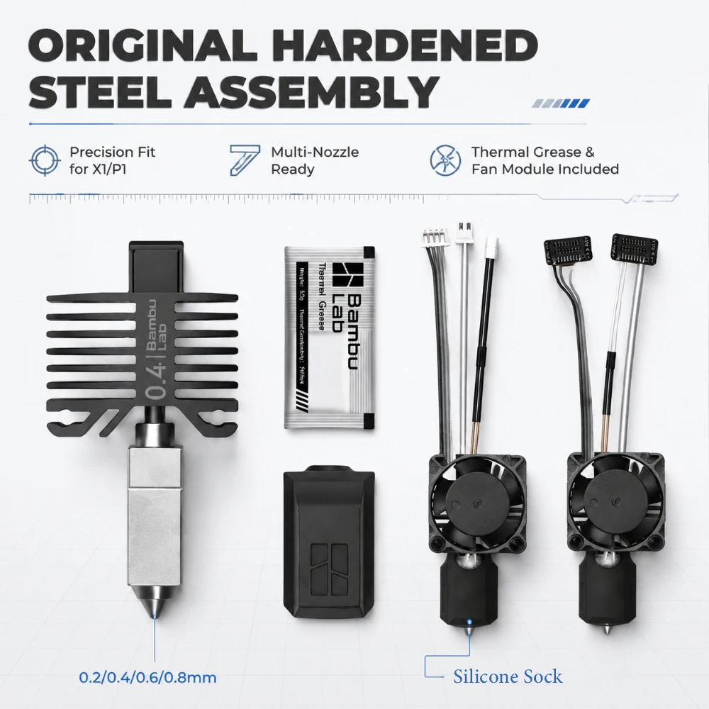 Original Hotend Kit For Bambu lab X1/P1 Series Hardened Steel Nozzle 0.2/0.4/0.6/0.8mm For Bambu lab X1C P1P P1S 3D Printer
Original Hotend Kit For Bambu lab X1/P1 Series Hardened Steel Nozzle 0.2/0.4/0.6/0.8mm For Bambu lab X1C P1P P1S 3D Printer