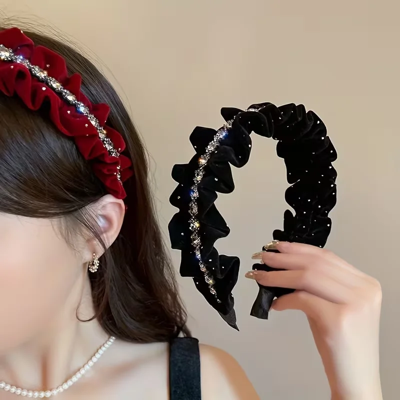 Black velvet headbands with sparkling Rhine stones - elegant ruffled designs for women's weddings, parties, and formal events
Black velvet headbands with sparkling Rhine stones - elegant ruffled designs for women's weddings, parties, and formal events