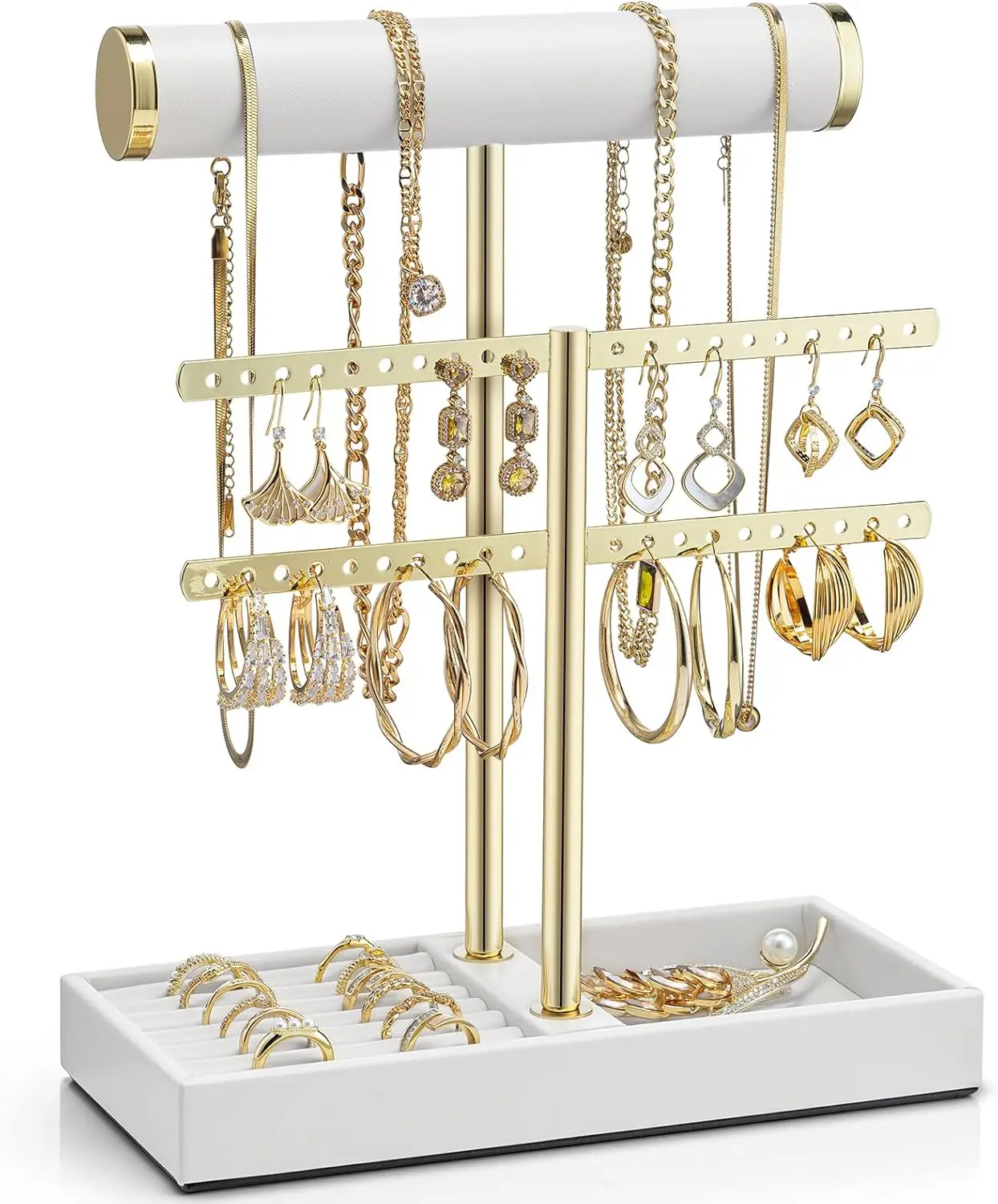 VLANDO 2 Tier Necklace Holder Organizer with Tray, Leather Bracelet Holder Display for Women, Gold Jewelry Holder Stand for Bracelet, Necklace, Earrings, Rings - White
VLANDO 2 Tier Necklace Holder Organizer with Tray, Leather Bracelet Holder Display for Women, Gold Jewelry Holder Stand for Bracelet, Necklace, Earrings, Rings - White