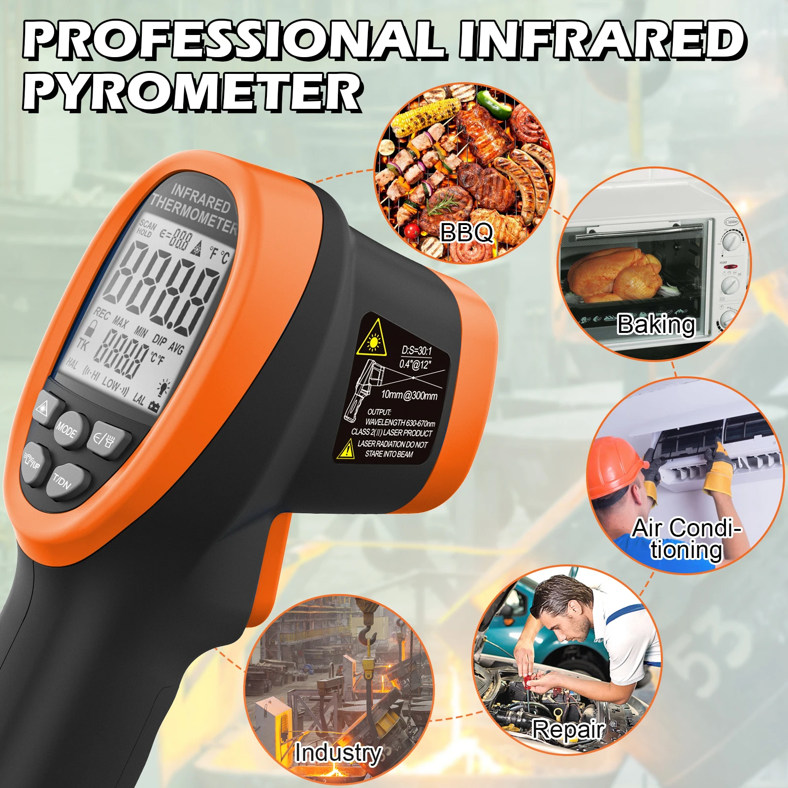 High Temp Non Contact Infrared Thermometer Gun 30:1 Distance Spot Ratio -58~2732℉ Adjustable Emissivity IR Temperature Meter
High Temp Non Contact Infrared Thermometer Gun 30:1 Distance Spot Ratio -58~2732℉ Adjustable Emissivity IR Temperature Meter