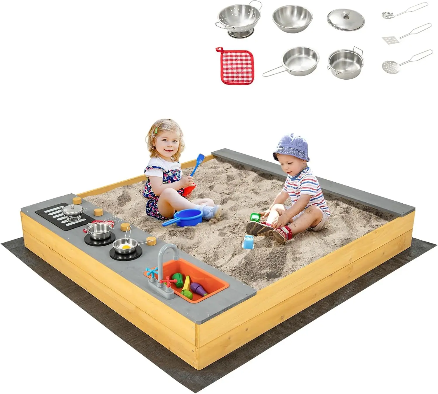 Kids Sandbox, Wooden Sand Pit w/Kitchen Playset Accessories, Water Faucet, Built-in Bench Seat & Bottom Liner, Outdoor Sand Box
Kids Sandbox, Wooden Sand Pit w/Kitchen Playset Accessories, Water Faucet, Built-in Bench Seat & Bottom Liner, Outdoor Sand Box