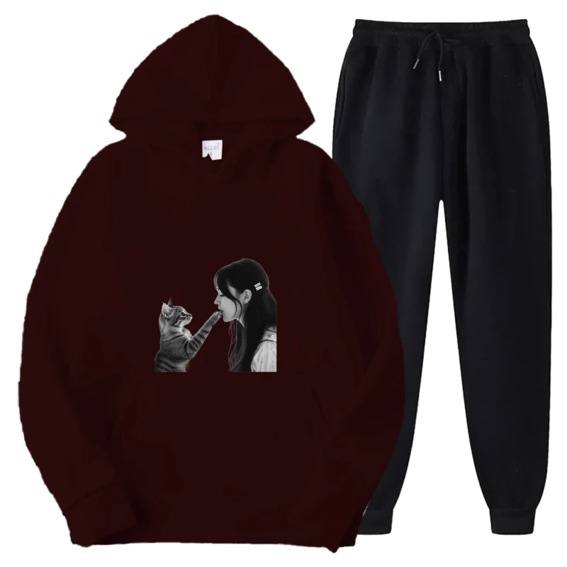Комплект с капюшоном бордового и черного цвета с принтом кота и девушки, дизайн для пары, повседневный свитшот, брюки, наряд для женщин и мужчин, уютная домашняя одежда
Комплект с капюшоном бордового и черного цвета с принтом кота и девушки, дизайн для пары, повседневный свитшот, брюки, наряд для женщин и мужчин, уютная домашняя одежда