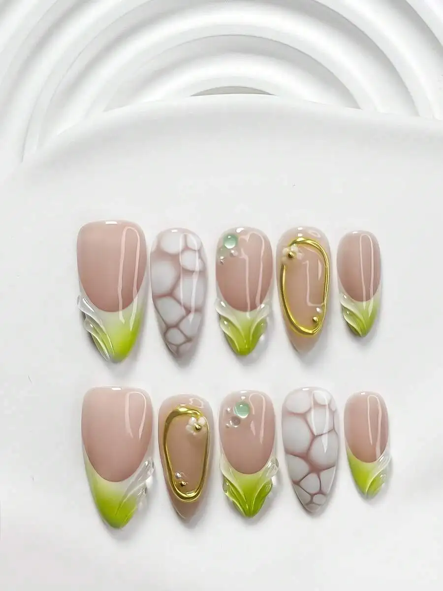 10pcs avocado-themed gel nail set with stone texture metallic lines white 3D florals water ripple gradient green polish gentle g
10pcs avocado-themed gel nail set with stone texture metallic lines white 3D florals water ripple gradient green polish gentle g
