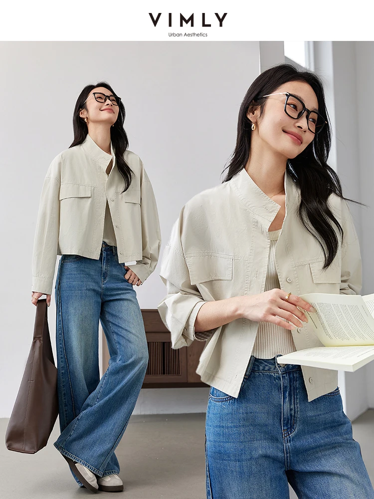 VIMLY Short Jacket Women 2025 Spring Autumn Beige Stand-Up Collar Loose Pure Cotton Long Sleeve Outerwear Female Clothing A0195
VIMLY Short Jacket Women 2025 Spring Autumn Beige Stand-Up Collar Loose Pure Cotton Long Sleeve Outerwear Female Clothing A0195