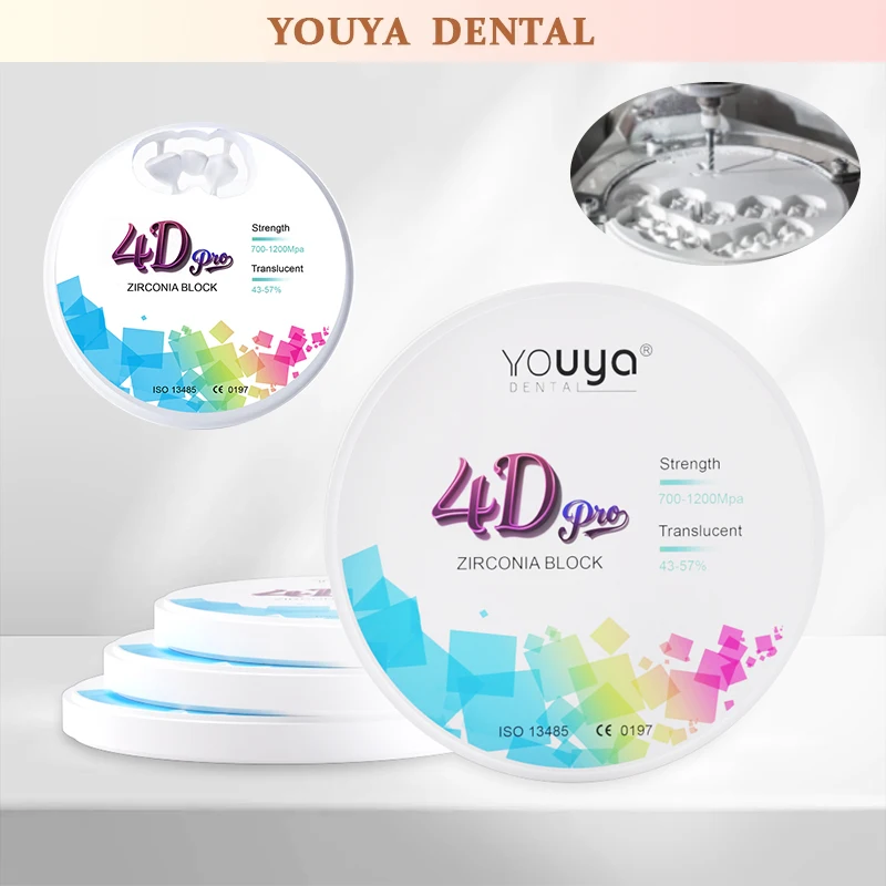 YOUYA Dental 4D PRO Zirconia 98mm Transparent 43-57% Multilayer Zirconia Blocks CAD/CAM Milling Dental Laboratory Materials
YOUYA Dental 4D PRO Zirconia 98mm Transparent 43-57% Multilayer Zirconia Blocks CAD/CAM Milling Dental Laboratory Materials