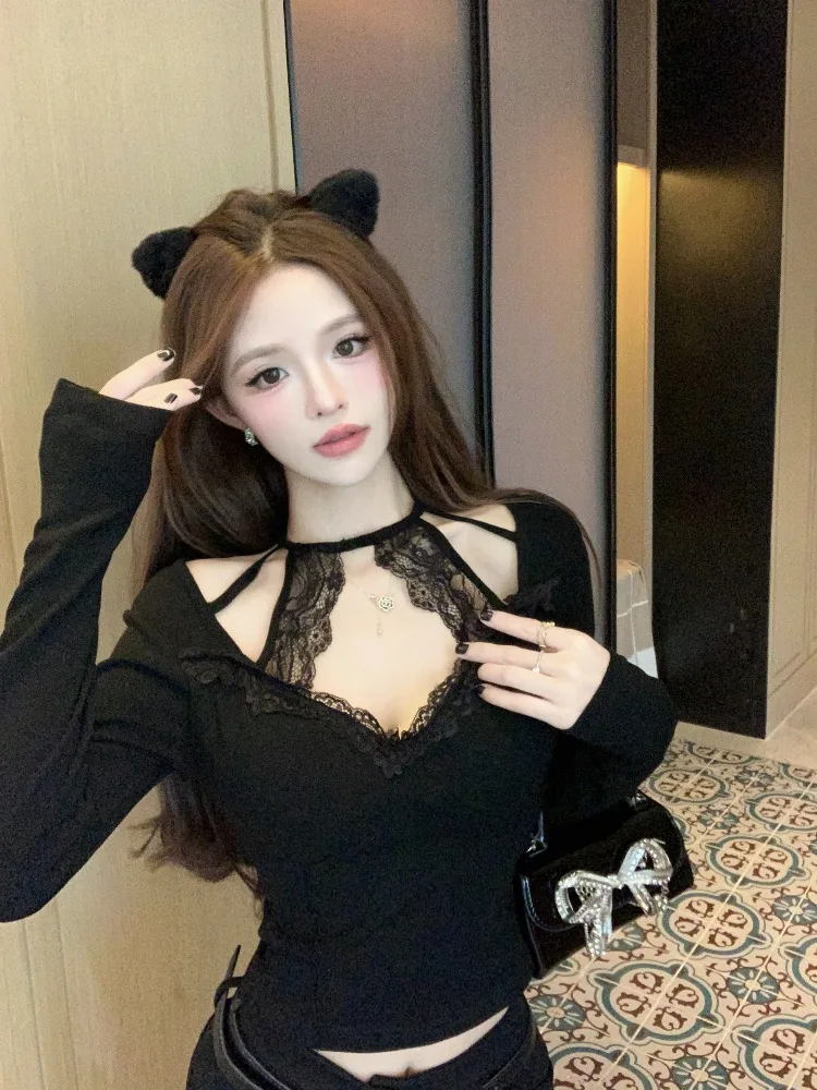 Pure Desire Sexy V-Neck Lace Splice Hanging Neck T-Shirt Women's Autumn Waist-Cinching Slim Fit Inner Wear Long Sleeve Top
Pure Desire Sexy V-Neck Lace Splice Hanging Neck T-Shirt Women's Autumn Waist-Cinching Slim Fit Inner Wear Long Sleeve Top