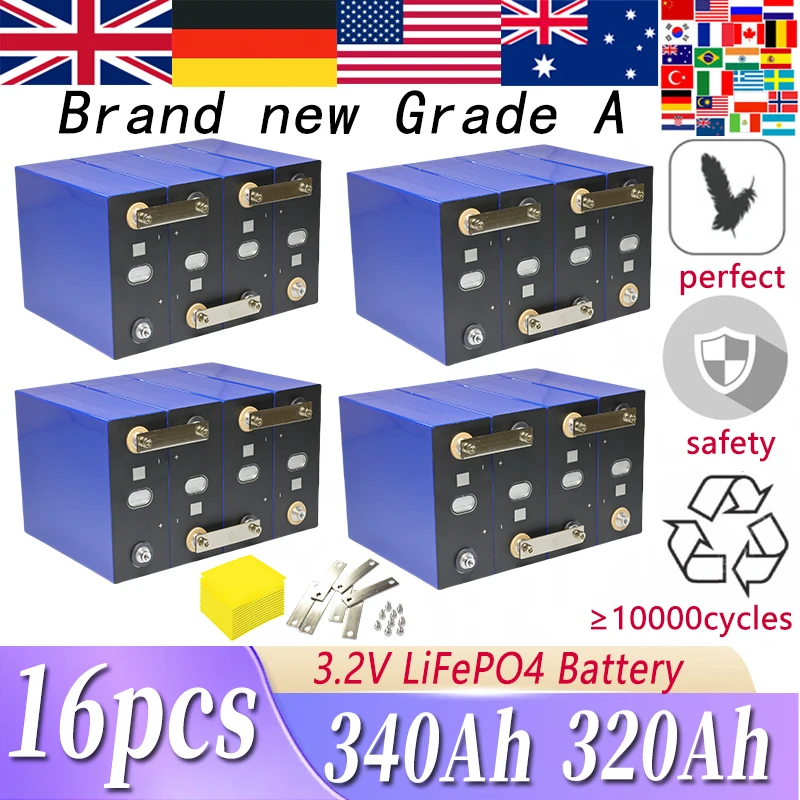 16PCS 340Ah 320Ah LiFePO4 Battery 3.2V Rechargeable Lithium Iron Phosphate Cell DIY 48V RV EV Golf Cart Grade A Cells
16PCS 340Ah 320Ah LiFePO4 Battery 3.2V Rechargeable Lithium Iron Phosphate Cell DIY 48V RV EV Golf Cart Grade A Cells