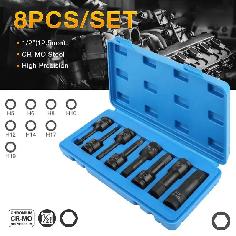 8pcs set 1/2” Pneumatic Wrench Hexagonal Drive Bits Drill Bit Tools Set Cr-V Steel Hex Socket Driver Metric Power Nuts Driver
8pcs set 1/2” Pneumatic Wrench Hexagonal Drive Bits Drill Bit Tools Set Cr-V Steel Hex Socket Driver Metric Power Nuts Driver