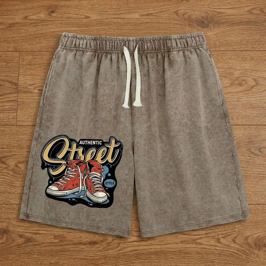 Mens Washed Vintage Cotton Shorts With Street Sneaker Print Elastic Waist Drawstring Casual Shorts
Mens Washed Vintage Cotton Shorts With Street Sneaker Print Elastic Waist Drawstring Casual Shorts