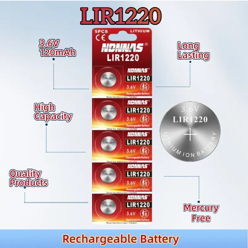 5-100PCS LIR1220 3.6V Lithium Rechargeable Battery Replace CR1220 BR1220 LM1220 DL1220 For Watch Remote Control Camera Clocks
5-100PCS LIR1220 3.6V Lithium Rechargeable Battery Replace CR1220 BR1220 LM1220 DL1220 For Watch Remote Control Camera Clocks