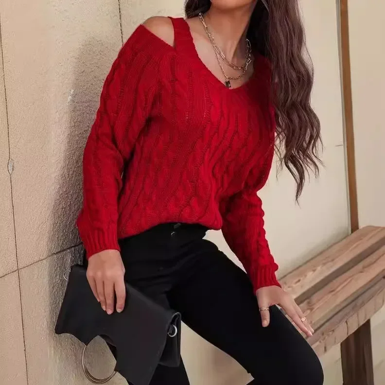 Versatile Off-Shoulder Pullover Knitwear Retro Twist Shoulder V-Neck Loose Casual Long Sleeve Knitted Sweater Top Fashionable
Versatile Off-Shoulder Pullover Knitwear Retro Twist Shoulder V-Neck Loose Casual Long Sleeve Knitted Sweater Top Fashionable