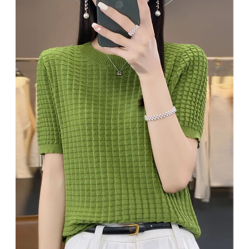 Women's Summer Top. Knitted Short-Sleeve of Curved Beads, Icy Silk and Linen. Thin T-Shirt for Women. Round-Neck Vest for Women
Women's Summer Top. Knitted Short-Sleeve of Curved Beads, Icy Silk and Linen. Thin T-Shirt for Women. Round-Neck Vest for Women