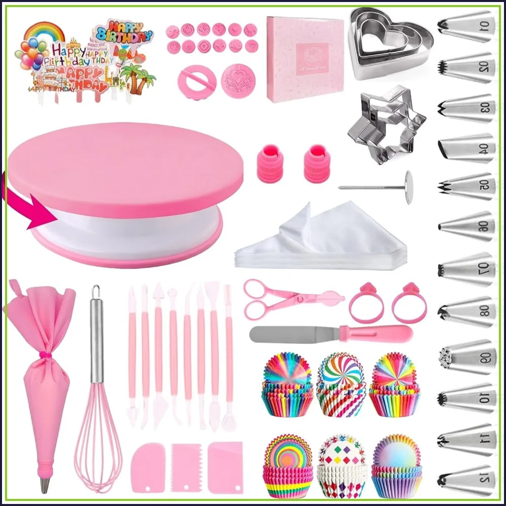 255-Piece Cake Decorating Kit with Turntable, Piping Tips, Cookie Cutters, and Fondant Molds - Pink
255-Piece Cake Decorating Kit with Turntable, Piping Tips, Cookie Cutters, and Fondant Molds - Pink