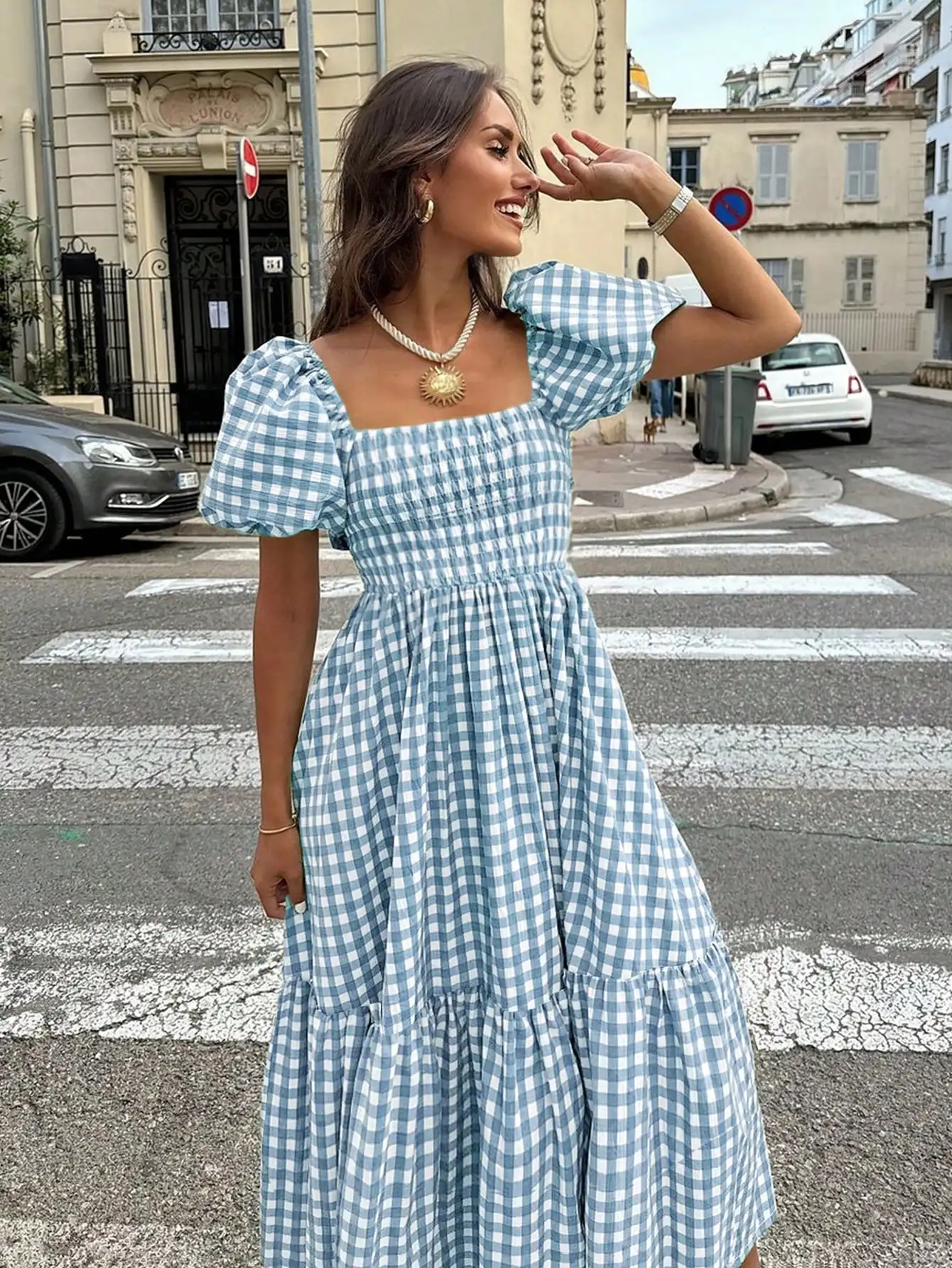 Blue And White Gingham Square Neck Smocked Waist Tiered Maxi Dress With Puffed Sleeves
Blue And White Gingham Square Neck Smocked Waist Tiered Maxi Dress With Puffed Sleeves