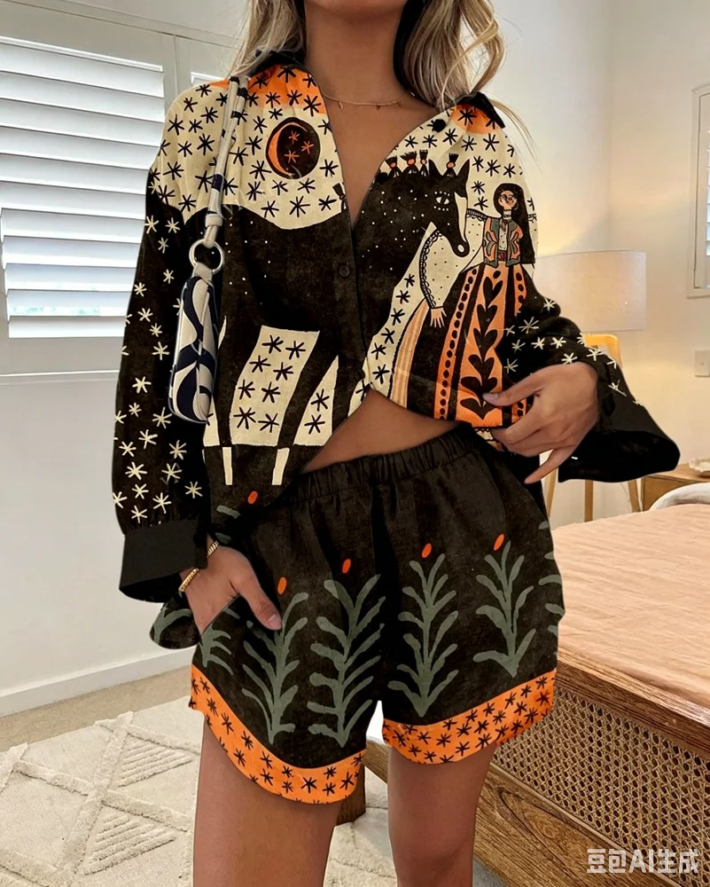  Women Fashion Lapel Long-sleeved Single-breasted Shirt Top + Shorts 2-piece Set Elegant Summer Print Loose Casual Suit Female
Women Fashion Lapel Long-sleeved Single-breasted Shirt Top + Shorts 2-piece Set Elegant Summer Print Loose Casual Suit Female
