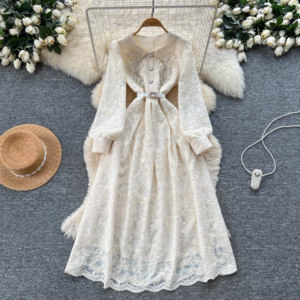 Autumn French Beaded Peter Pan Collar Long Sleeve Dress Women Tie Strap Embroidery Lace Evening Dress Slim Holiday Party Robe
Autumn French Beaded Peter Pan Collar Long Sleeve Dress Women Tie Strap Embroidery Lace Evening Dress Slim Holiday Party Robe