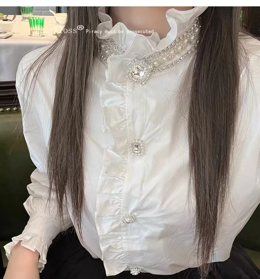 New In Autumn 2024 Cotton White Blouses and Shirts For Women's Luxury Diamonds Pears Embroidery Sweet Ruffles Shirt Top Clothes
New In Autumn 2024 Cotton White Blouses and Shirts For Women's Luxury Diamonds Pears Embroidery Sweet Ruffles Shirt Top Clothes
