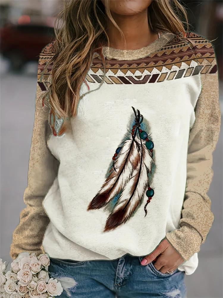 2025 New Indian Style Feather Print Ladies Fashion Long-sleeved Top Retro Ethnic Style Ladies Daily Casual Long-sleeved T-shirt
2025 New Indian Style Feather Print Ladies Fashion Long-sleeved Top Retro Ethnic Style Ladies Daily Casual Long-sleeved T-shirt