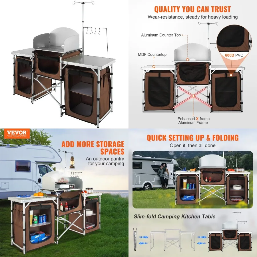 VEVOR Camping Kitchen Table Folding Outdoor Cooking Table with Storage Carrying Bag Aluminum Cook Station 3 Cupboard and Detach
VEVOR Camping Kitchen Table Folding Outdoor Cooking Table with Storage Carrying Bag Aluminum Cook Station 3 Cupboard and Detach
