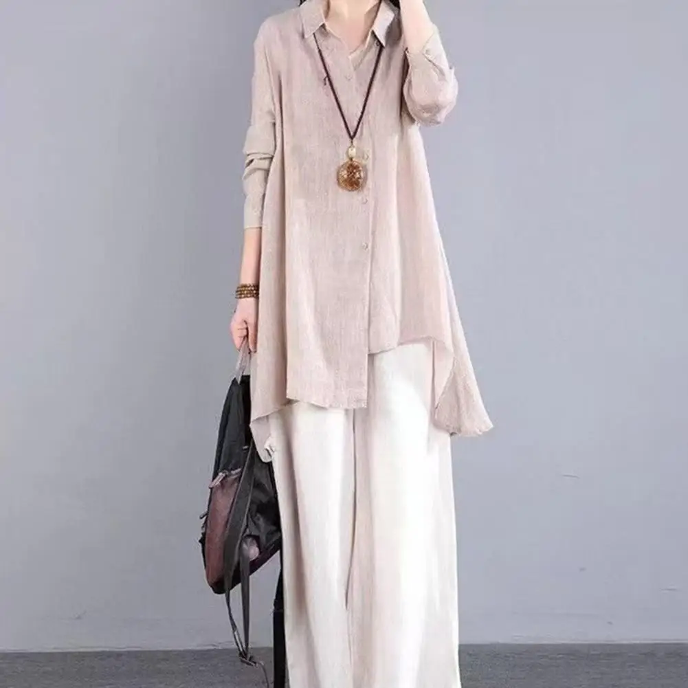 Women Shirt Lapel Long Sleeve Single Breasted Shirt Tops Irregular Hem Solid Color Mid-length Leisure Shirt
Women Shirt Lapel Long Sleeve Single Breasted Shirt Tops Irregular Hem Solid Color Mid-length Leisure Shirt