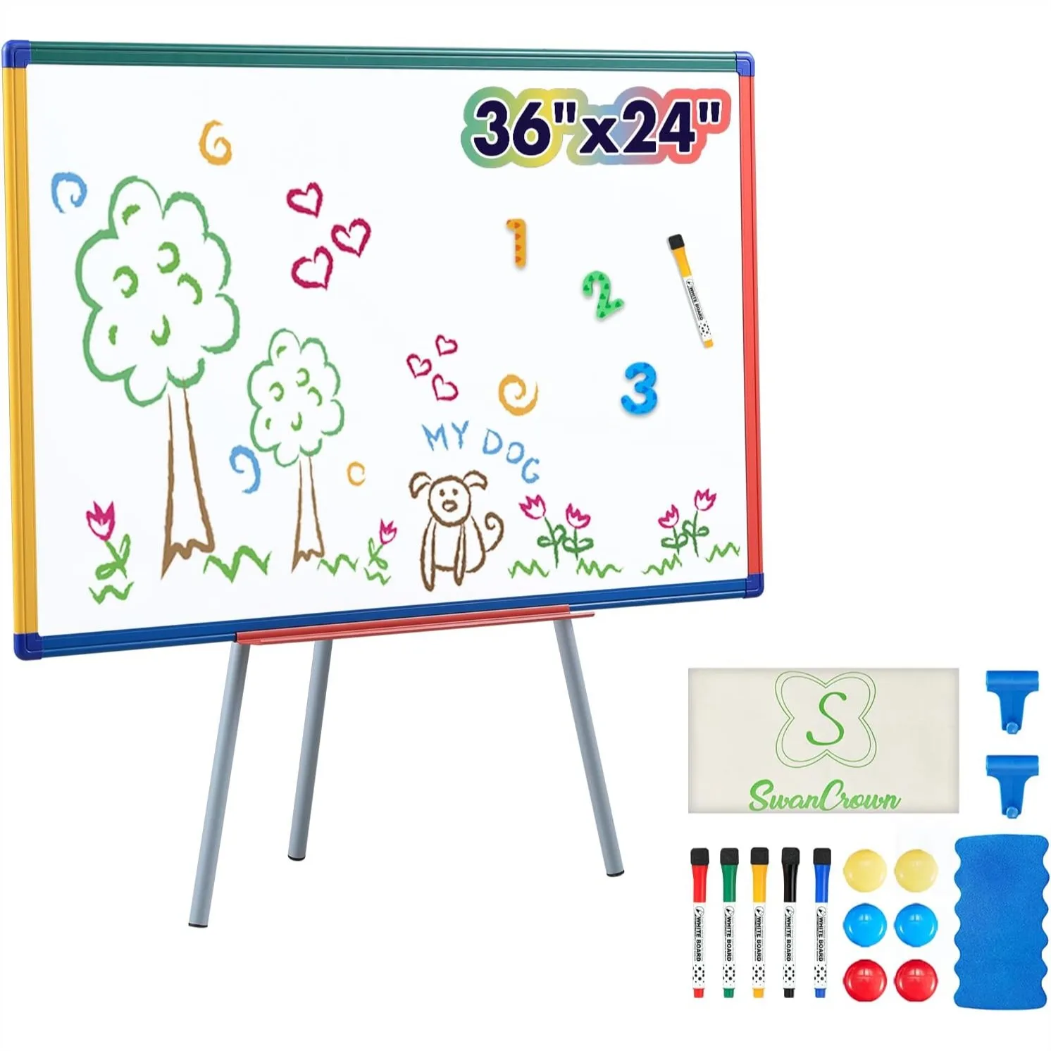 Dry Erase Board with Stand Magnetic Whiteboard for Kids Easel Flipchart 36x24 inches, Adjustable Height, Colorful Frame
Dry Erase Board with Stand Magnetic Whiteboard for Kids Easel Flipchart 36x24 inches, Adjustable Height, Colorful Frame